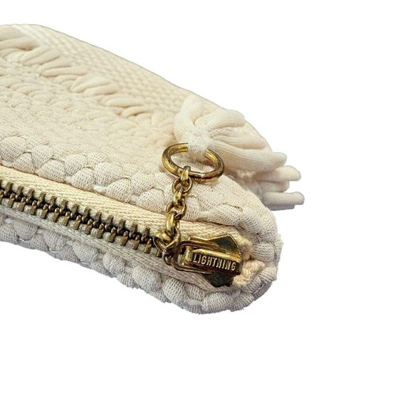VTG 1960s Hand Loomed Clutch Pouch Ivory Fringe Metallic Thread Boho - Picture 7 of 9